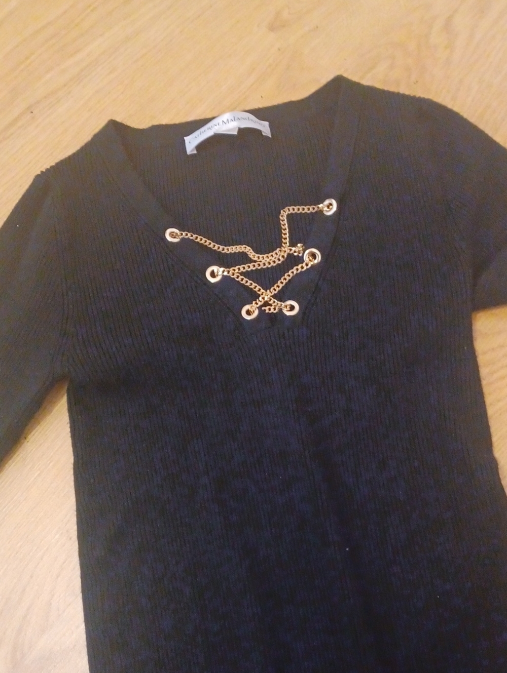 Catherine Malandrino Small Sweater Women Black V-Neck Ribbed Gold Accents EUC
